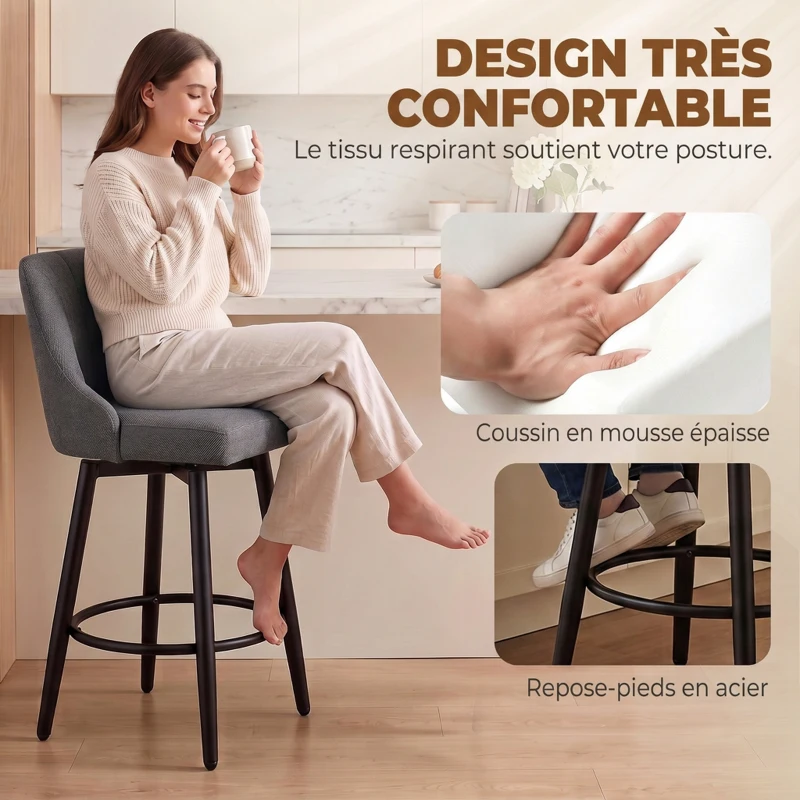 HOMCOM Lot de 2 Tabourets de Bar Pivotants, Chaises de Bar en Tissu Effet Lin, Dossier Capitonné, Repose-Pieds, Gris