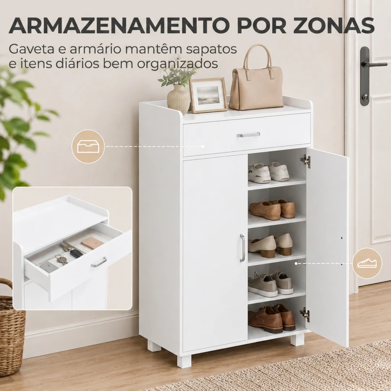 HOMCOM Sapateira com Prateleiras Ajustáveis Gaveta e Portas para 6 Pares Branco