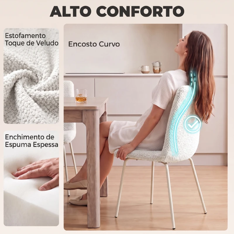 HOMCOM Conjunto de 2 Cadeiras de Jantar em Veludo com Assento e Encosto Acolchoados e Pés Metálicos Branco