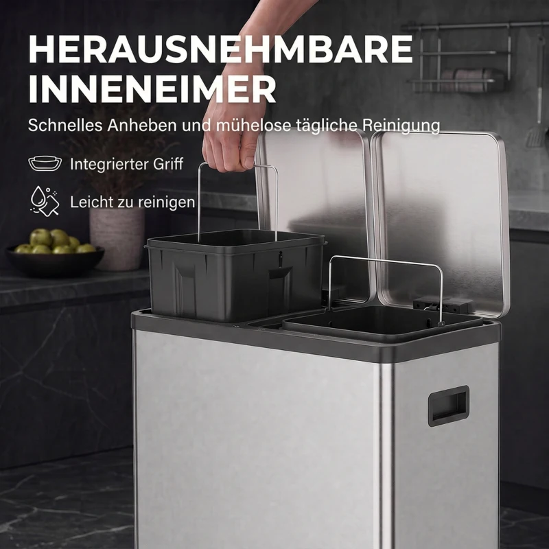 HOMCOM 2 x 30 L Küchenmülleimer, Edelstahl-Treteimer mit herausnehmbaren Inneneimern und Soft-Close-Deckeln, silber