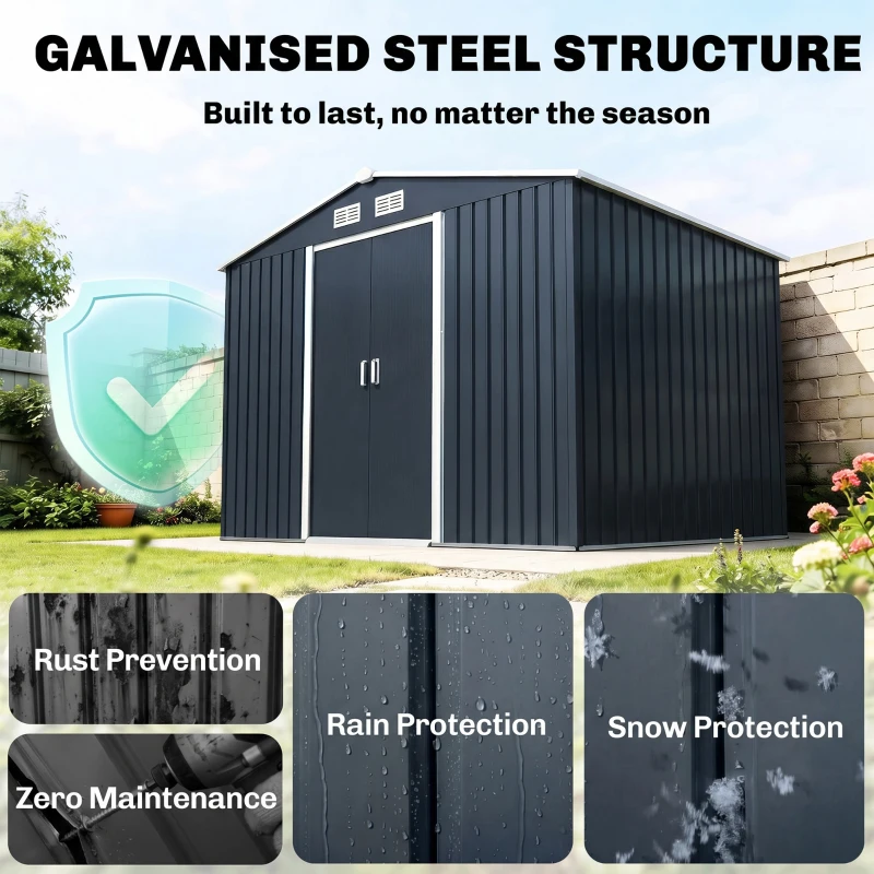 Outsunny 9 x 6ft Metal Bicycle Shed, Outdoor Storage Tool House with Ventilation Slots, Foundation Kit and Lockable Double Doors, Dark Grey