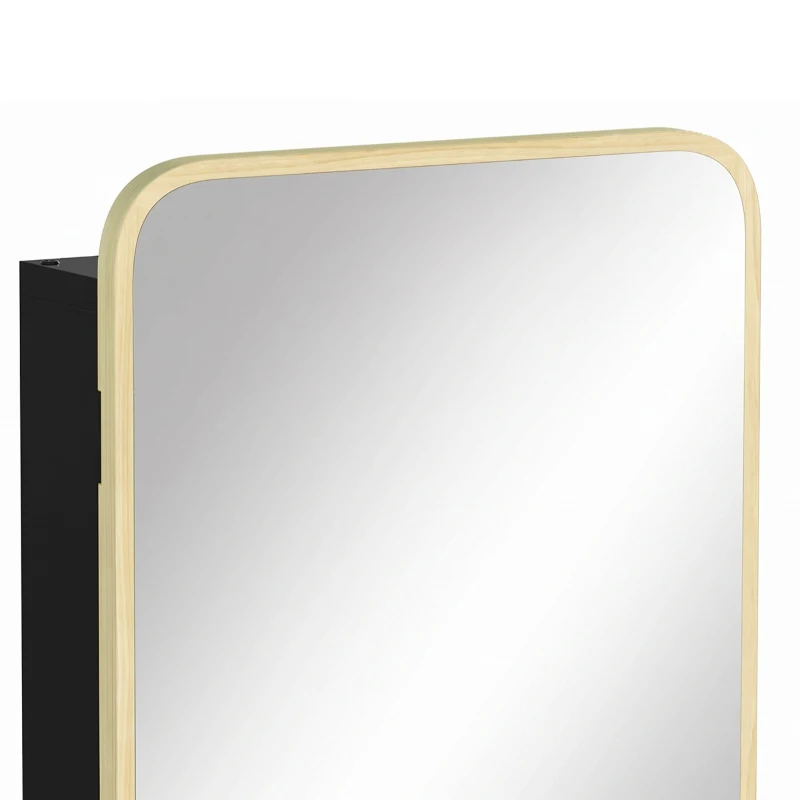 HOMCOM Bathroom Medicine Mirror Cabinet, Bathroom Wall Cabinet w/ Storage, Magnetic Door, Adjustable Shelf, Natural Wood Finish