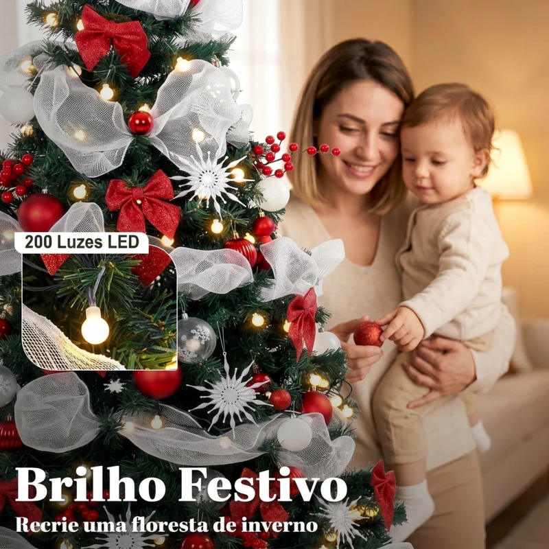 HOMCOM Árvore de Natal Artificial 180 cm com Luzes 800 Pontas 200 LED Controlo Remoto e 8 Modos