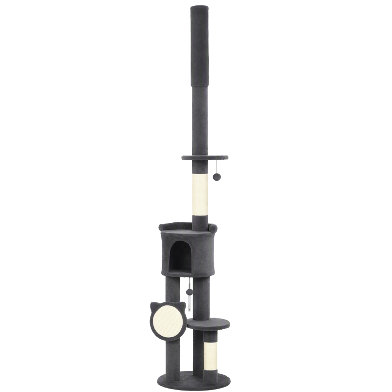 PawHut Rascador hasta el techo 225–255 cm ajustable, árbol para gatos de 5 niveles con postes de sisal, tabla rascadora, hamaca