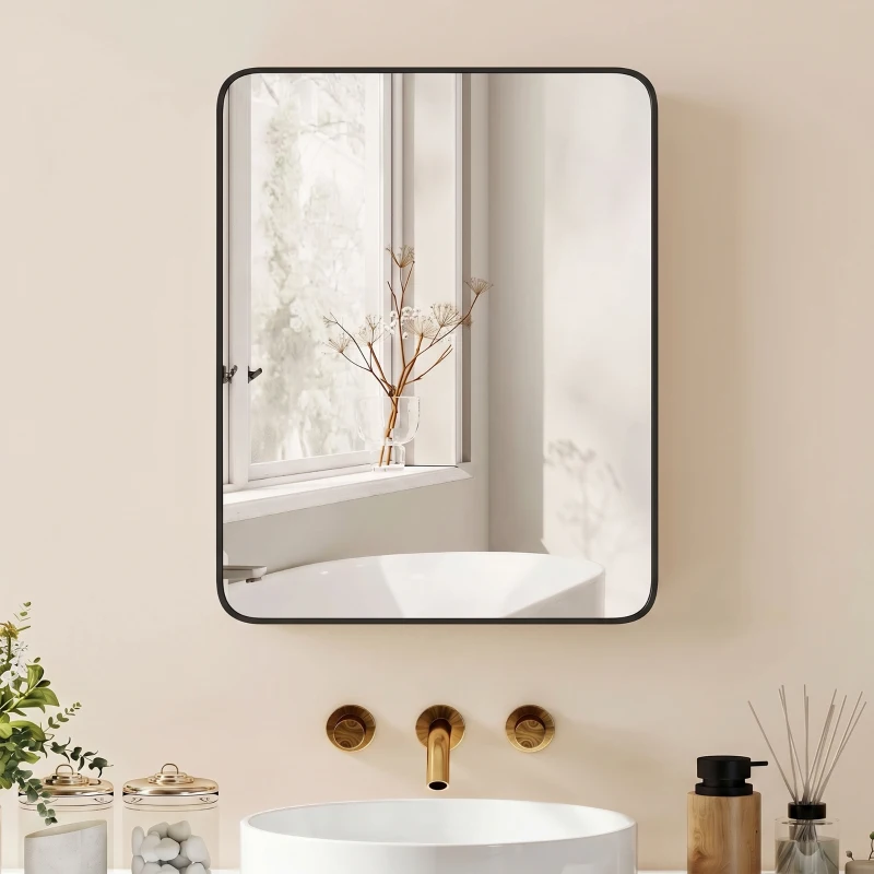 HOMCOM Bathroom Medicine Mirror Cabinet, Bathroom Wall Cabinet with Storage, Magnetic Door and Adjustable Shelf, Black