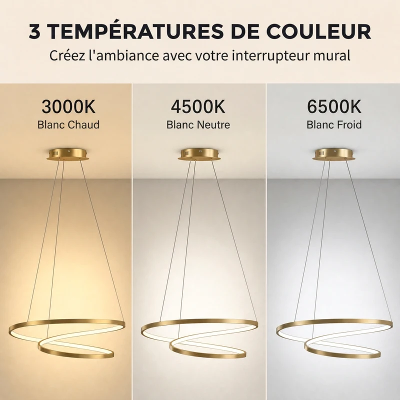 HOMCOM Suspension Luminaire avec 2 Anneaux, Lustre Suspendu LED à 3 Températures de Couleur, Hauteur Réglable, Doré