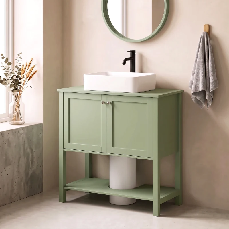 HOMCOM Under Sink Bathroom Cabinet with 2 Doors, Open Shelf and U-Shape Cut-Out for Basin with or without Pedestal, Green