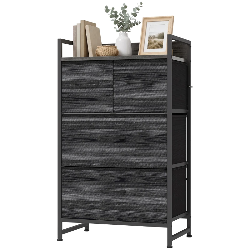 HOMCOM Rustic Chest of Four Fabric Drawers - Black Wood Effect