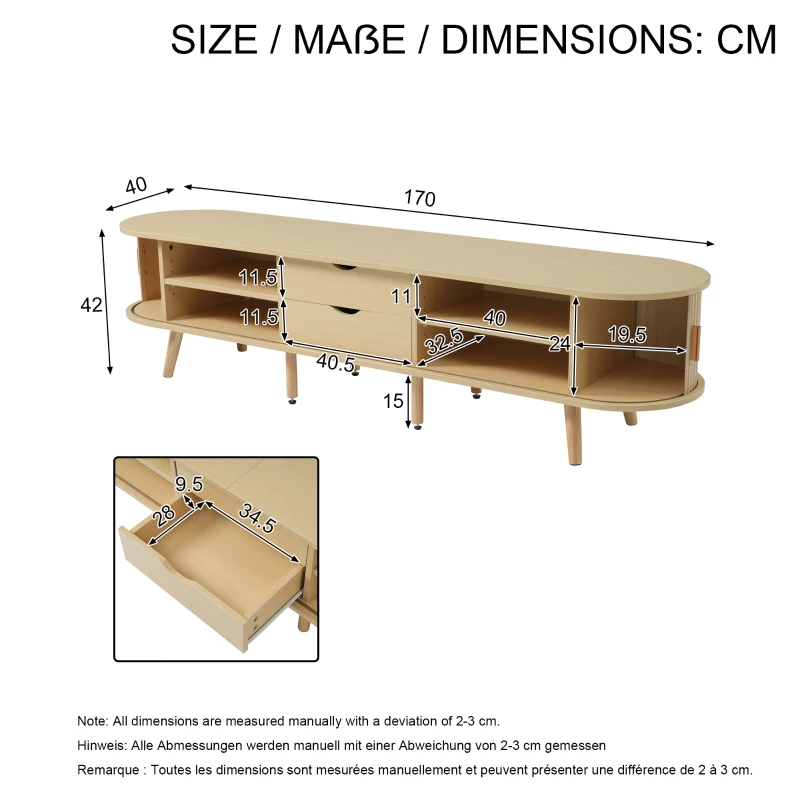 Minimalist TV Stand with Oval Top and Rounded Corners, Light Oak TV Cabinet with Solid Wood Legs, 175L x 40W x 40H cm, Oak