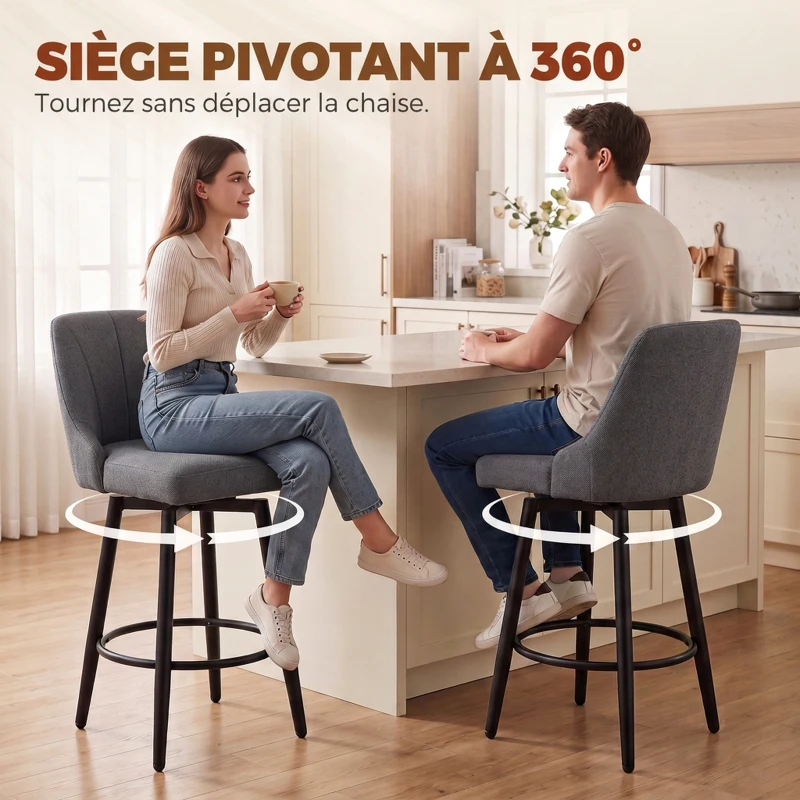 HOMCOM Lot de 2 Tabourets de Bar Pivotants, Chaises de Bar en Tissu Effet Lin, Dossier Capitonné, Repose-Pieds, Gris