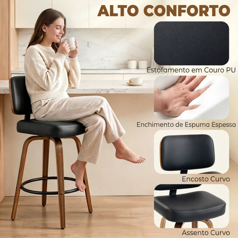 HOMCOM Bancos de Bar Giratórios 360° em Pele Sintética PU com Pernas de Madeira Curvas, Encosto Acolchoado e Apoio para os Pés, 44x49x95 cm, Preto