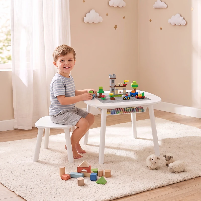 AIYAPLAY Mesa Infantil con Silla con Superficie para Bloques y Bolsa de Malla Bajo Mesa Montessori para Niños de 3-6 Años Blanco
