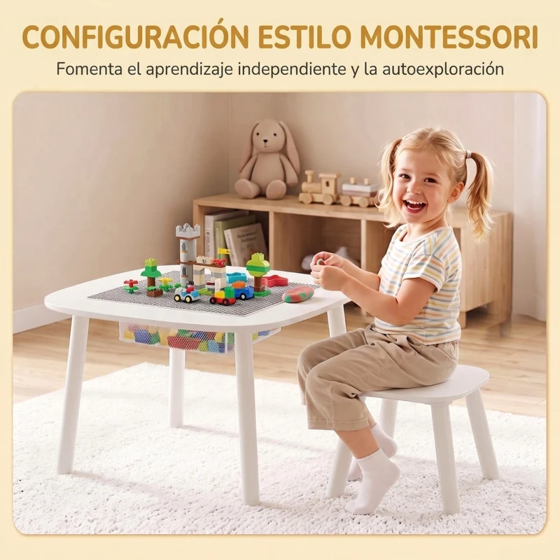 AIYAPLAY Mesa Infantil con Silla con Superficie para Bloques y Bolsa de Malla Bajo Mesa Montessori para Niños de 3-6 Años Blanco