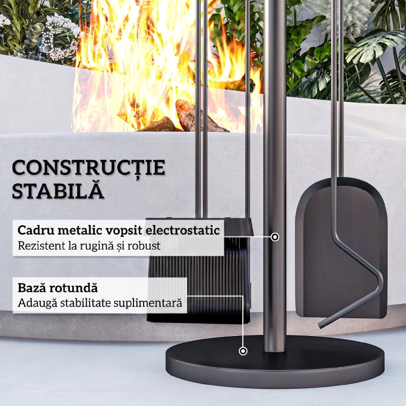Outsunny Set Accesorii Camino 5 Piese cu Lopată Perie Clești Fier Împins Suport Economisire Spațiu Metal Negru