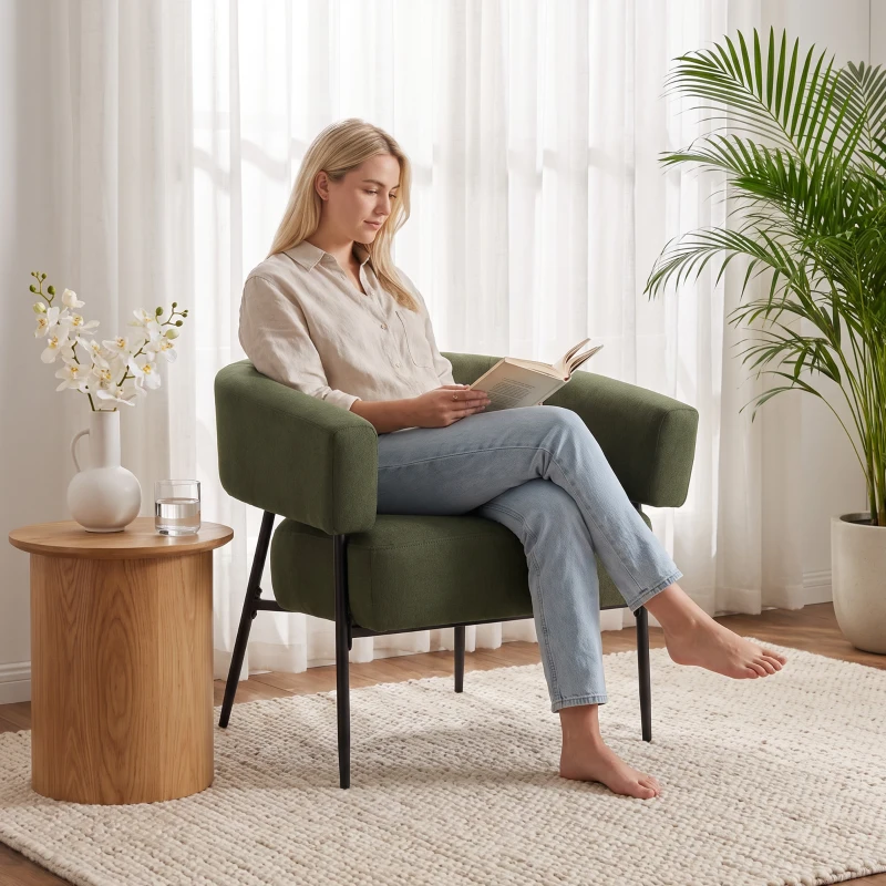 HOMCOM Sillón de Salón Acolchado en Tejido Efecto Lino, Asiento Amplio y Profundo, Respaldo Curvo, Verde Oscuro