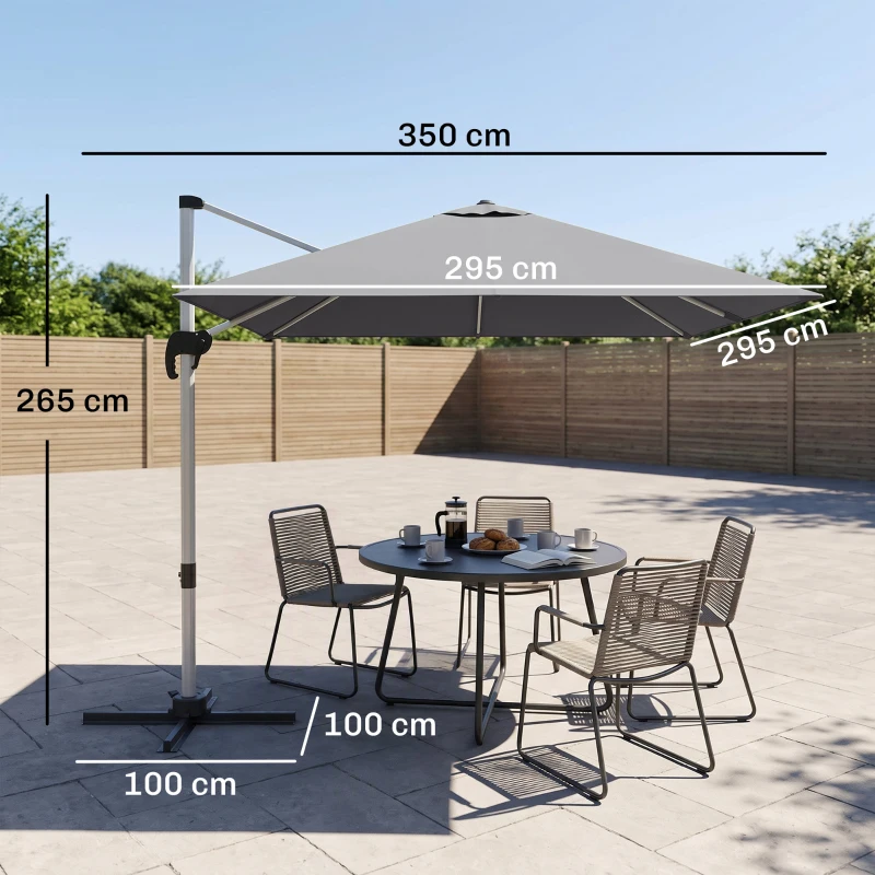 Outsunny 3 x 3(m) Cantilever Roma Parasol, Square Garden Umbrella with Cross Base, Crank Handle, Tilt, 360° Rotation and Aluminium Frame, Grey