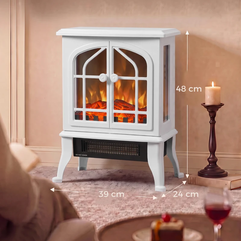 HOMCOM Chimenea Eléctrica de Pie  900/1800W Efecto Llama 3D Termostato Ajustable Ventanas Visibles para 15-30 ㎡ Blanco