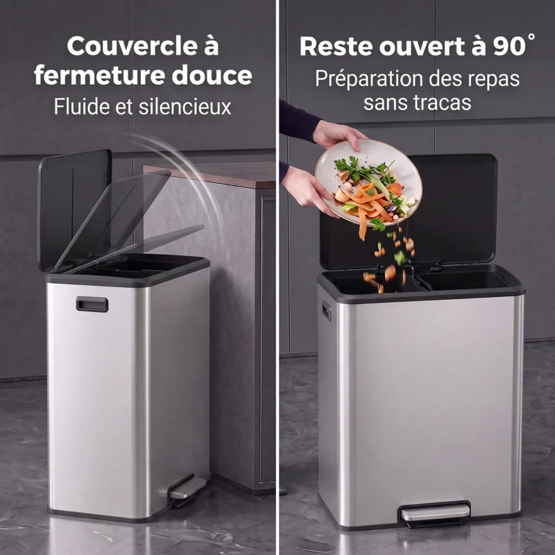 HOMCOM Poubelle à Double Compartiment 2 x 30L, Poubelle de Cuisine en Acier Inoxydable, Couvercle à Fermeture Douce, Argent