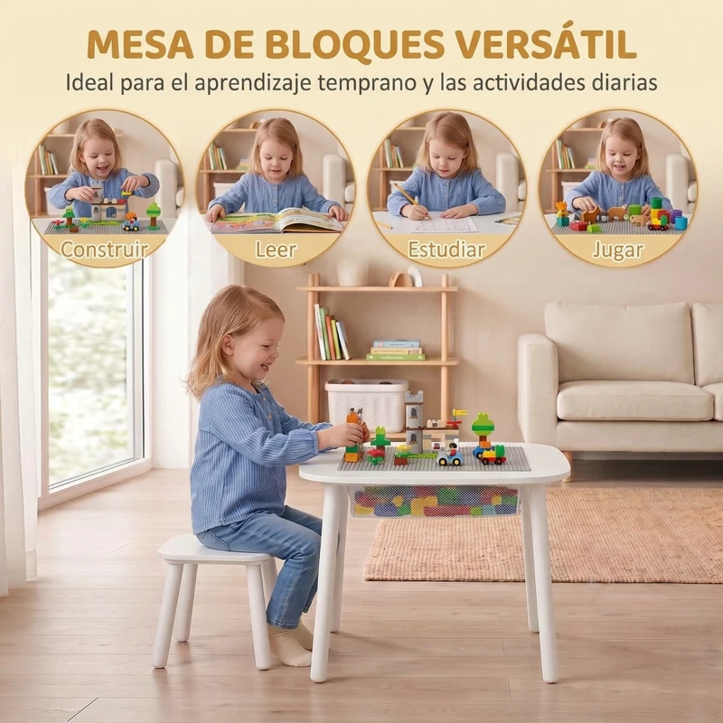 AIYAPLAY Mesa Infantil con Silla con Superficie para Bloques y Bolsa de Malla Bajo Mesa Montessori para Niños de 3-6 Años Blanco