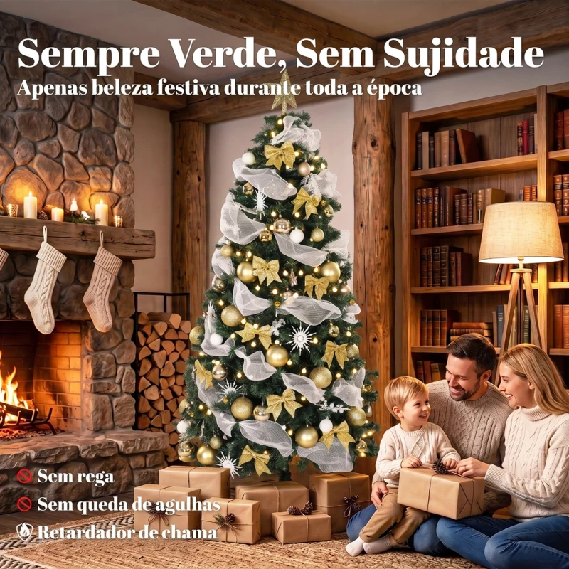 HOMCOM Árvore de Natal Artificial Pré-iluminada 230 cm com 250 Luzes LED 8 Modos 1136 Pontas Comando à Distância Verde