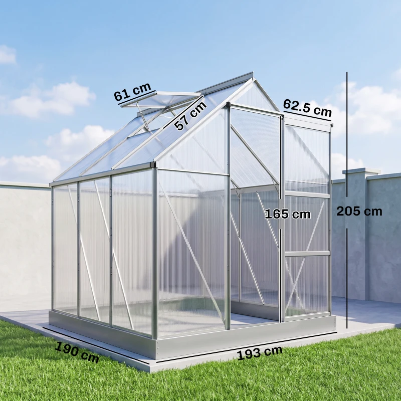 Outsunny 6 x 6ft Walk-In Greenhouse, Polycarbonate Greenhouse with Sliding Door, Window, Aluminium Frame, Foundation, Silver