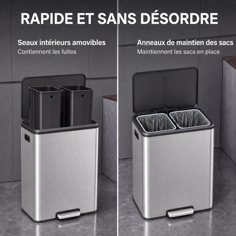 HOMCOM Poubelle à Double Compartiment 2 x 30L, Poubelle de Cuisine en Acier Inoxydable, Couvercle à Fermeture Douce, Argent