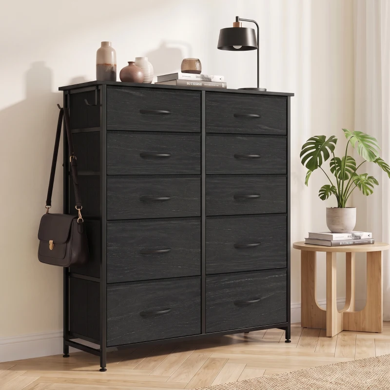 HOMCOM Chest of Drawers, Dresser with 10 Fabric Drawers, Tall Storage Unit with 4 Pockets and 2 Hooks Steel Frame, Black