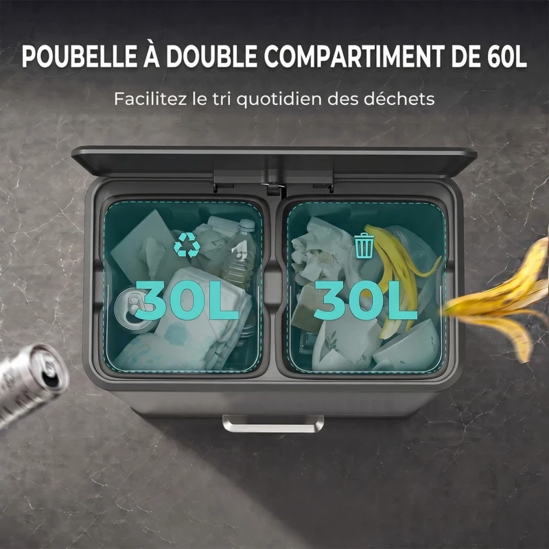 HOMCOM Poubelle à Double Compartiment 2 x 30L, Poubelle de Cuisine en Acier Inoxydable, Couvercle à Fermeture Douce, Argent