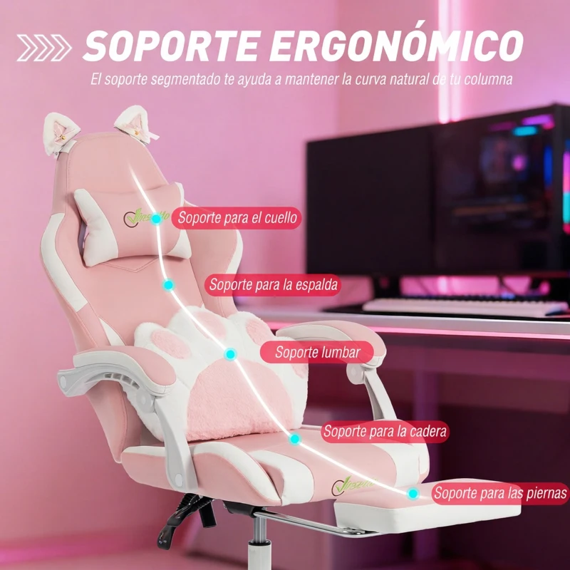 Vinsetto Silla Gaming con Orejas de Gato Respaldo Reclinable 90-135° Reposapiés Extraíble Cojín Lumbar y Reposacabezas Rosa