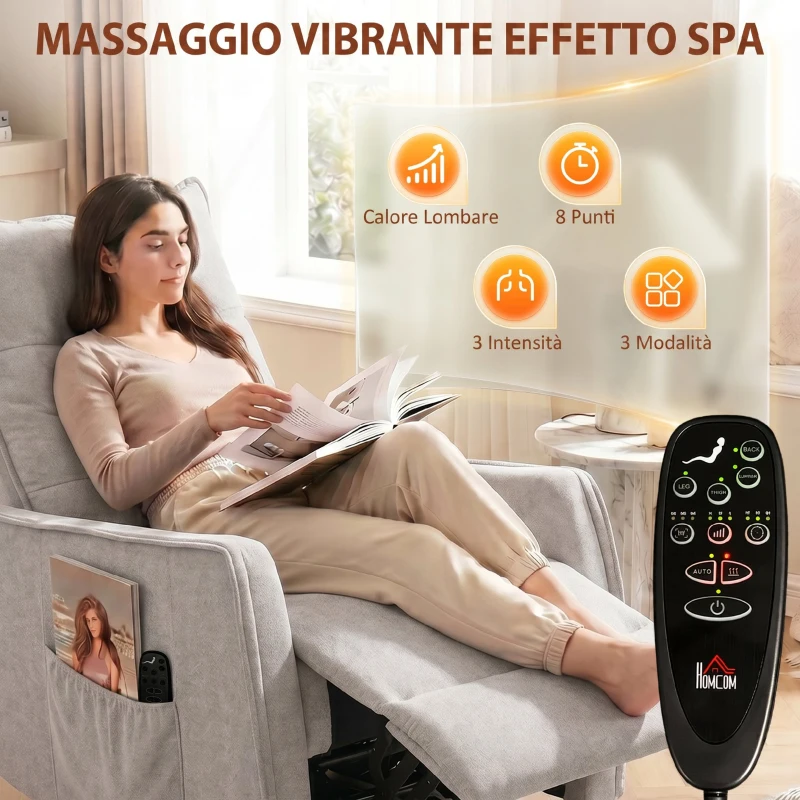 HOMCOM Poltrona Relax Massaggiante e Reclinabile con Telecomando e Poggiapiedi, 71x93x99 cm, in Ciniglia Grigio Chiaro