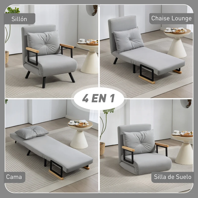 HOMCOM Sofá Cama Individual Plegable Sofá Cama Convertible 4 en 1 Respaldo Ajustable de 5 Niveles y Almohada 63x73x81 cm Gris