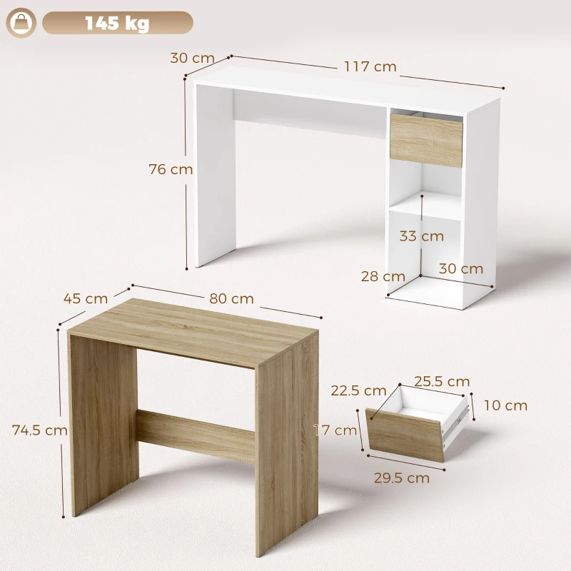HOMCOM Set 2 birouri gigogne pentru calculator, 80/117 cm, cu sertar și etajere deschise, alb și stejar