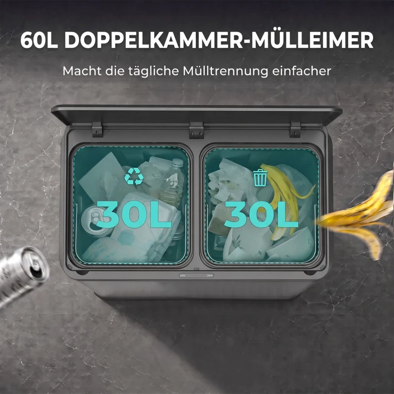 HOMCOM Automatischer Mülleimer mit Infrarot-Bewegungssensor und Mülltrennsystem Deckel 60L Silber