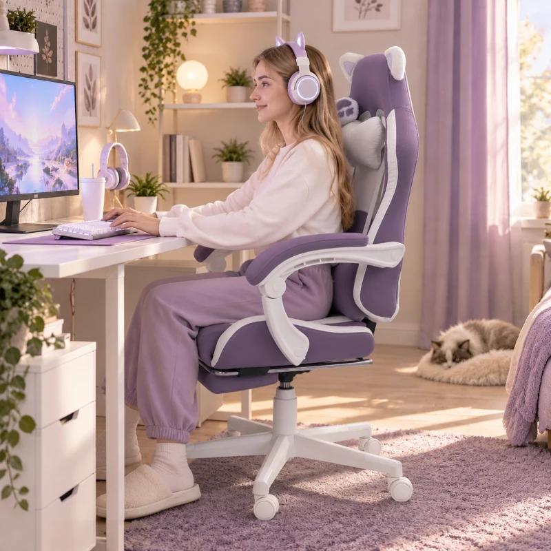 HOMCOM Chaise Gaming Ergonomique avec Oreilles de Chat, Repose-pieds, Support Lombaire et Cervical, Violet