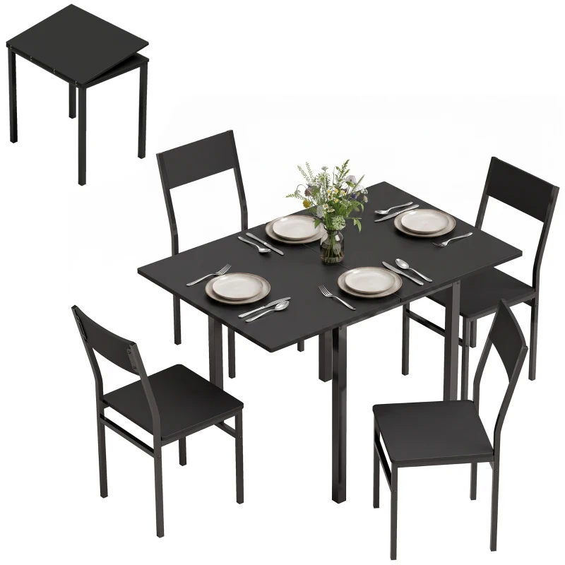 HOMCOM Set Masă și Scaune Dining 5 Piese Extensibil cu MDF și Metal, 80-120 cm, 4 Scaune Stivuibile, Negru