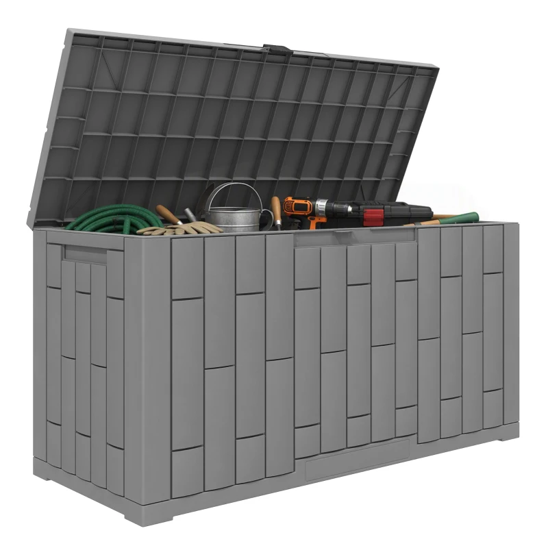Outsunny Gartenbox 227,4 Liter Wasserdicht Abschließbar UV-beständig Auflagenbox mit Holzoptik für Garten 106,5x43x54,5cm Grau