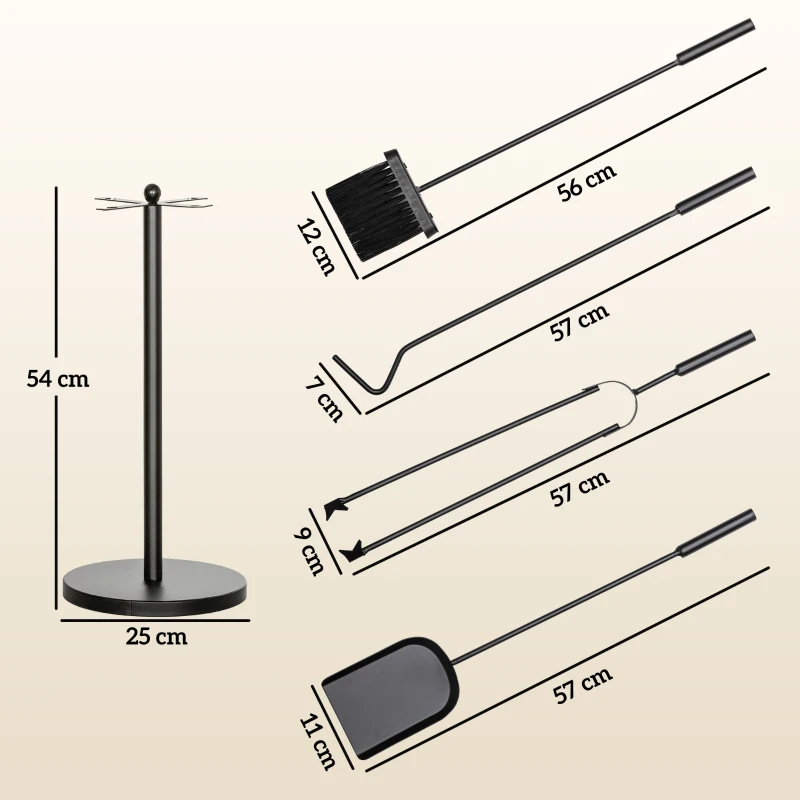 Outsunny Set Accesorii Camino 5 Piese cu Lopată Perie Clești Fier Împins Suport Economisire Spațiu Metal Negru