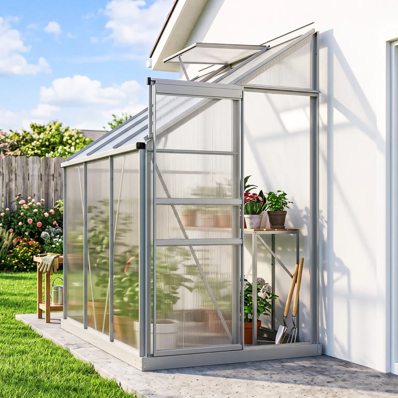 Outsunny Serre de jardin adossée aluminium polycarbonate 2,4 m² dim. 192L x 127l x 214H cm avec fenêtre et porte coulissante
