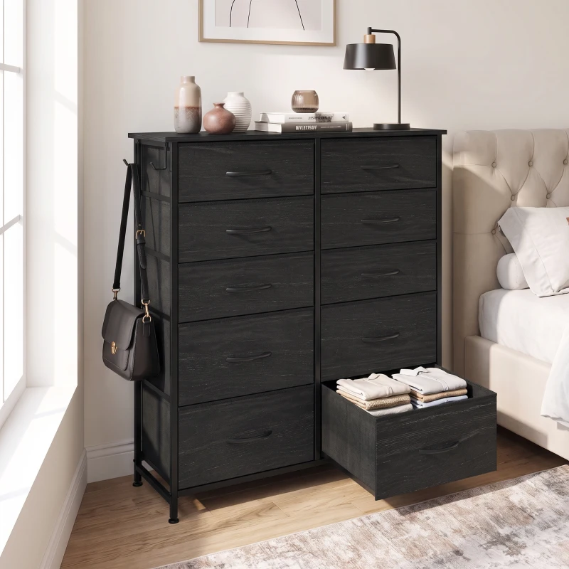 HOMCOM Chest of Drawers, Dresser with 10 Fabric Drawers, Tall Storage Unit with 4 Pockets and 2 Hooks Steel Frame, Black