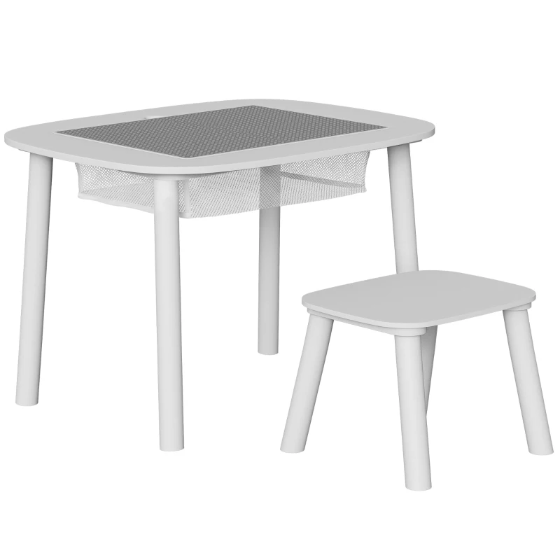 AIYAPLAY Mesa Infantil con Silla con Superficie para Bloques y Bolsa de Malla Bajo Mesa Montessori para Niños de 3-6 Años Blanco