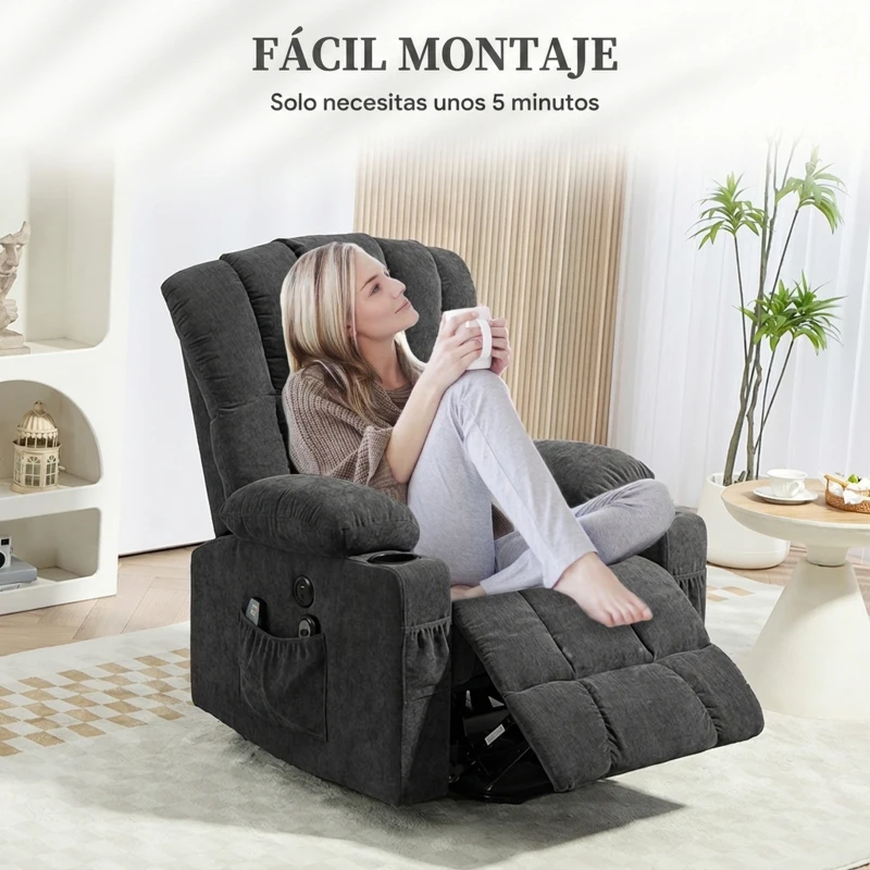 HOMCOM Sillón Relax Reclinable Eléctrico Levanta Personas con Masaje y Calor Lumbar Asiento con Muelles Puerto USB de Chenilla