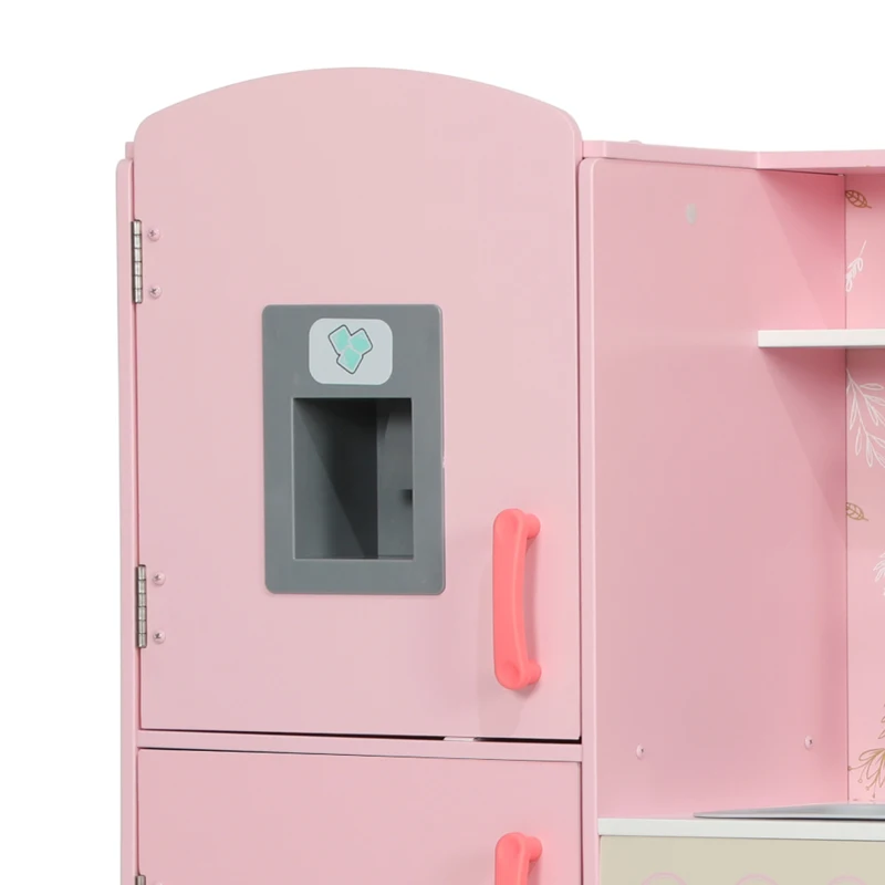 AIYAPLAY Play Kitchen, Kids Kitchen Set with Lights and Sounds, Double Stoves, Ice Maker, Chalkboard for 3+ Years, Pink