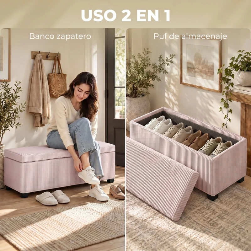 HOMCOM Banco Almacenaje Capacidad de 84 L 112x42x40cm Tapizado en Pana Pie de Cama para Sala de Estar Dormitorio Rosa