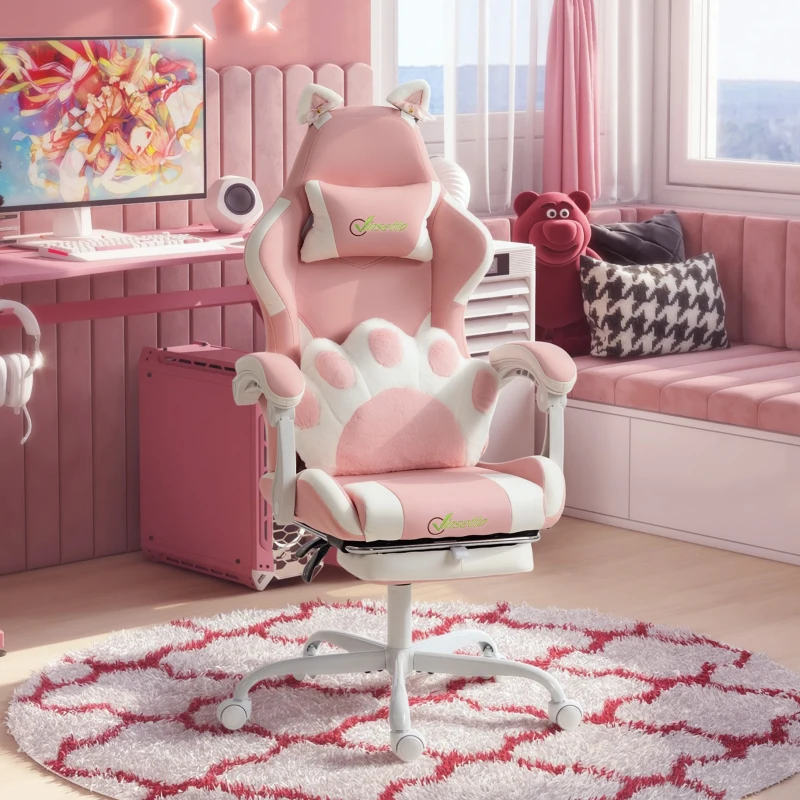 Vinsetto Silla Gaming con Orejas de Gato Respaldo Reclinable 90-135° Reposapiés Extraíble Cojín Lumbar y Reposacabezas Rosa