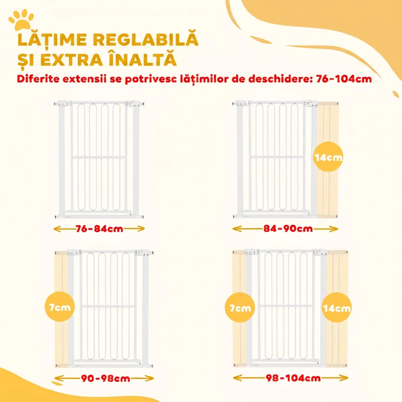 PawHut Poartă de Siguranță Extensibilă pentru Câini 76-104 x 104 cm, Deschidere cu o Singură Mână, Alb