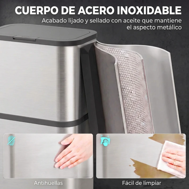 HOMCOM Cubo de Basura de Cocina de 60L de Acero Inoxidable con Sujetabolsas Tapa de Cierre Suave y Apertura Táctil Plata