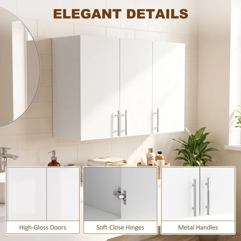 HOMCOM Bathroom Wall Cabinet, Wall-Mounted Bathroom Storage Cabinet with 3 Doors, Adjustable Shelf for Kitchen, White
