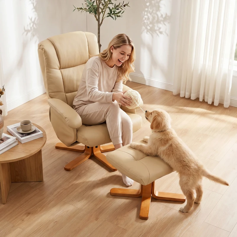 HOMCOM Sillón Relax con Reposapiés Sillón de Relajación Giratorio 360° Respaldo Inclinable Carga 120 Kg Beige