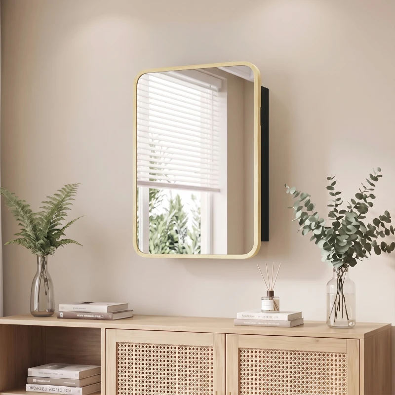 HOMCOM Bathroom Medicine Mirror Cabinet, Bathroom Wall Cabinet w/ Storage, Magnetic Door, Adjustable Shelf, Natural Wood Finish