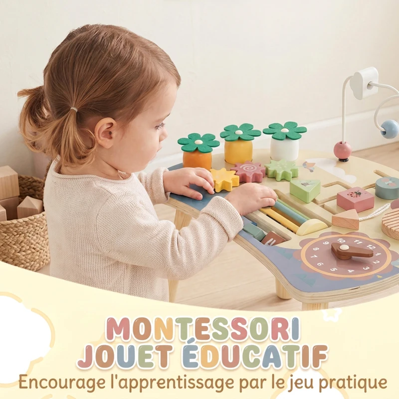 AIYAPLAY Table d'Activités en Bois pour Bébé 1-3 Ans 6 en 1 avec Engrenages, Labyrinthe de Perles, Horloge Rotative et Carottes